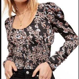 Free People Santiago Black Floral Long Sleeve Scoop Neck Smock Top. Size XL.